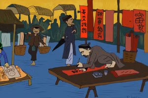 Khung cảnh chợ Tết xưa được tái hiện qua tranh vẽ. Tranh minh họa: Phạm Hoan