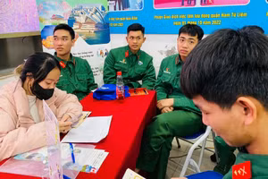 Các chiến sĩ tìm hiểu cơ hội việc làm và học nghề tại phiên giao dịch việc làm chuyên đề dành cho bộ đội xuất ngũ.