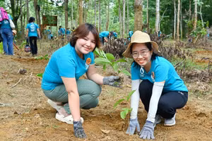 Chị Nguyễn Đức Hiệp Tâm (trái) cùng bạn trồng rừng tại Khu Bảo tồn Thiên nhiên - Văn hóa Đồng Nai, ngày 7/6 vừa qua. Ảnh: Gaia