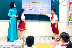 Tiết học “Luyện đọc từ khó” có chứa phụ âm L/N tại Trường Tiểu học Lê Hồng Phong (phường Thái Bình). Ảnh: NTCC