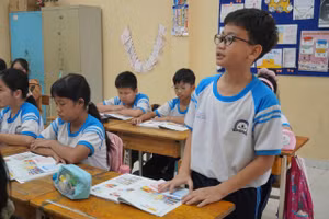 Giờ học tiếng Anh của học sinh Trường Tiểu học Phan Văn Trị (phường Cầu Ông Lãnh, TPHCM). Ảnh: VH