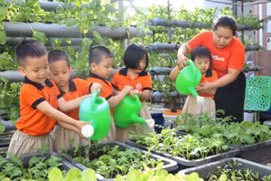 Trường Mầm non Hạnh Phúc, Cà Mau dạy trẻ kỹ năng sống. Ảnh: QM