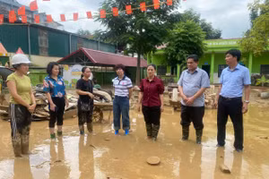 Bà Vương Ngọc Hà (thứ 3 từ phải sang) - Phó Chủ tịch UBND tỉnh Tuyên Quang thăm và động viên Trường Mầm non Hoa Mai (phường Hà Giang 2).
