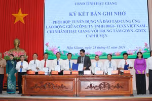 Công ty TNHH DIGI TEXX Việt Nam ký kết Biên bản ghi nhớ với các Trung tâm GDNN - GDTX trên địa bàn tỉnh Hậu Giang. Ảnh: CTV