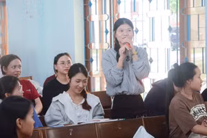 Sinh viên Trường Cao đẳng Thương mại tìm hiểu thông tin về doanh nghiệp tại workshop Thực tập là một cơ hội nghề nghiệp. Ảnh: NTCC