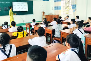 Cô, trò Trường Tiểu học Kim Đồng, xã Phú Tân (Phú Tân, Cà Mau). Ảnh: Q. Mến