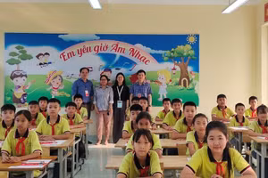 Đoàn giám sát chụp ảnh lưu niệm với học sinh Trường Tiểu học Liên Sơn (Bắc Ninh) sau khảo sát SEA-PLM.