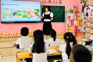 Cô Lê Thị Thanh Huyền - giáo viên Trường Tiểu học Châu Sơn (Cổ Đô, Hà Nội) trong giờ dạy tiếng Anh. Ảnh: NVCC