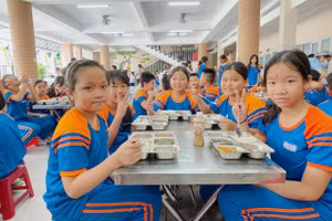 Học sinh Trường Tiểu học Ngô Gia Tự (quận Sơn Trà, TP Đà Nẵng) trong giờ ăn trưa tại nhà ăn của trường. Ảnh: NTCC
