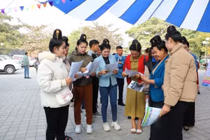 Chị em phụ nữ cùng nhau trao đổi thông tin của các đơn vị tuyển dụng lao động.