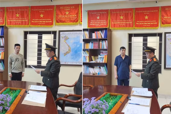 Cơ quan Công an khởi tố Lục Văn Hương và Trần Quốc Nghĩa. Ảnh: Công an tỉnh Phú Thọ