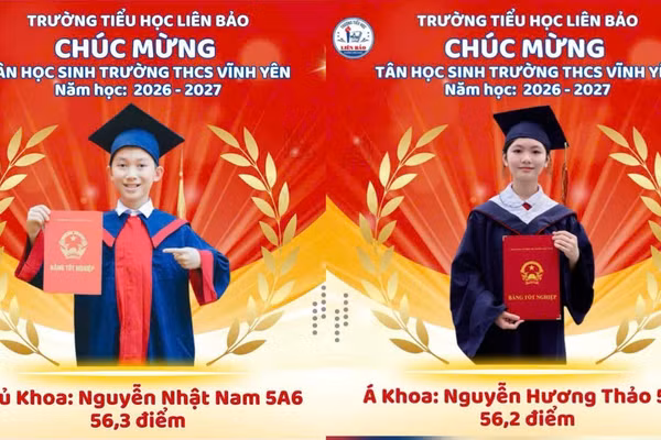Trường TH Liên Bảo có Thủ khoa và Á khoa vào THCS Vĩnh Yên năm học 2026-2027.