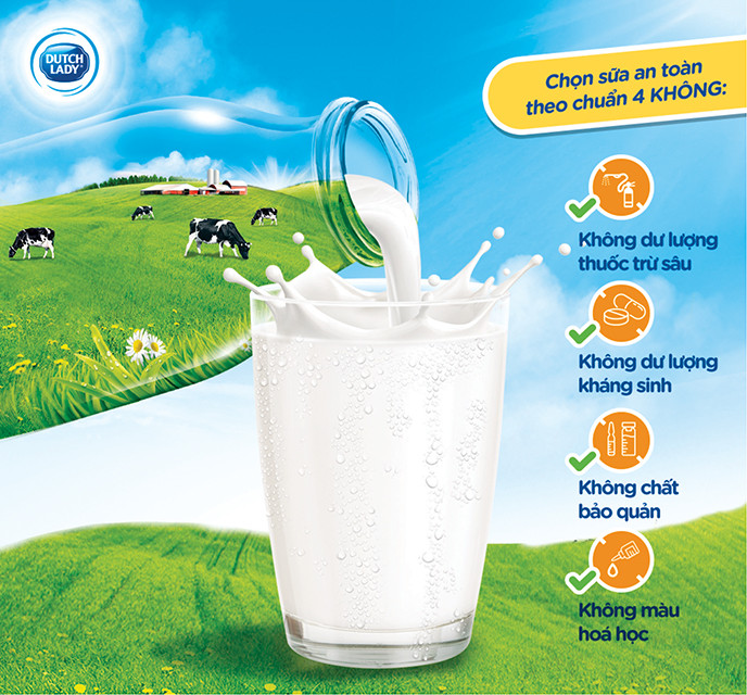 Mỗi hộp sữa tươi Cô Gái Hà Lan đều cam kết đạt chuẩn “4 Không”: Không dư lượng thuốc trừ sâu, không màu hóa học, không dư lượng kháng sinh, không chất bảo quản Mỗi hộp sữa tươi Cô Gái Hà Lan đều cam kết đạt chuẩn “4 Không”: Không dư lượng thuốc trừ sâu, không màu hóa học, không dư lượng kháng sinh, không chất bảo quản