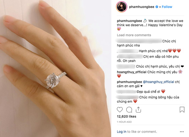 Vào đúng dịp lễ Valentine 14/2 năm 2019, Hoa hậu Phạm Hương khiến người hâm mộ bất ngờ khi đăng tải bức ảnh đeo nhẫn kim cương ở ngón áp út và "thông báo hết ế". Vào đúng dịp lễ Valentine 14/2 năm 2019, Hoa hậu Phạm Hương khiến người hâm mộ bất ngờ khi đăng tải bức ảnh đeo nhẫn kim cương ở ngón áp út và "thông báo hết ế".