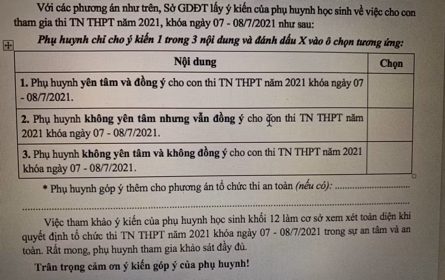 Nội dung khảo sát ý kiến phụ huynh về tổ chức kỳ thi tốt nghiệp THPT 2021.