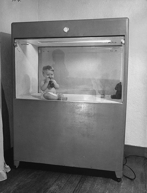 Năm 1947, em bé sơ sinh John Gray Jr. đang chơi trong cái nôi không khí của nhà phát minh B.F. Skinner. Năm 1947, em bé sơ sinh John Gray Jr. đang chơi trong cái nôi không khí của nhà phát minh B.F. Skinner.