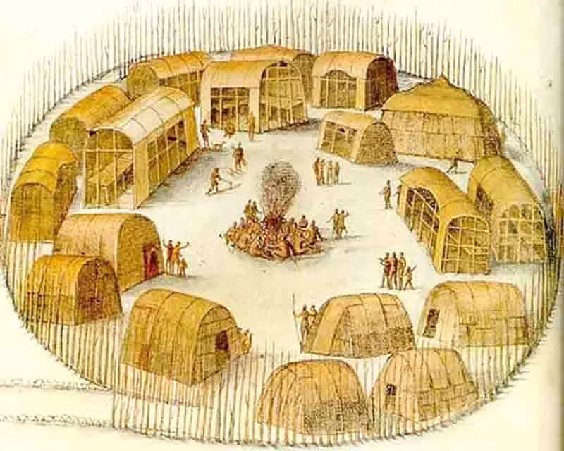 Khu định cư trên đảo Roanoke, tranh vẽ của John White vào năm 1585.