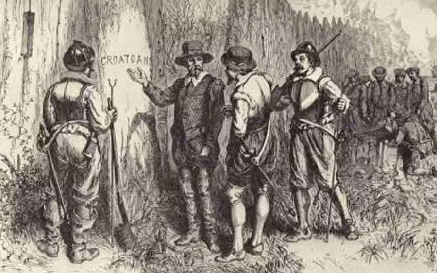 Bức vẽ thuyền trưởng John White quay về đảo, hoàn toàn không bóng người chỉ có dòng chữ “CROATOAN” khắc trên cây