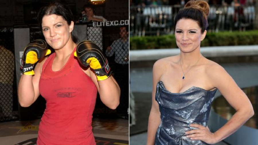 Carano trên võ đài năm 2008 và trên thảm đỏ năm 2013