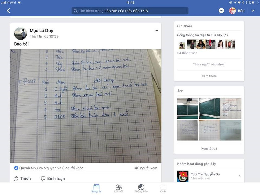 Lớp phó học tập đăng bài hàng ngày trên trang Facbook của lớp