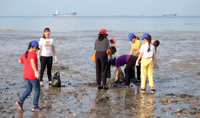 Cô trò tham gia nhặt rác trên bãi biển