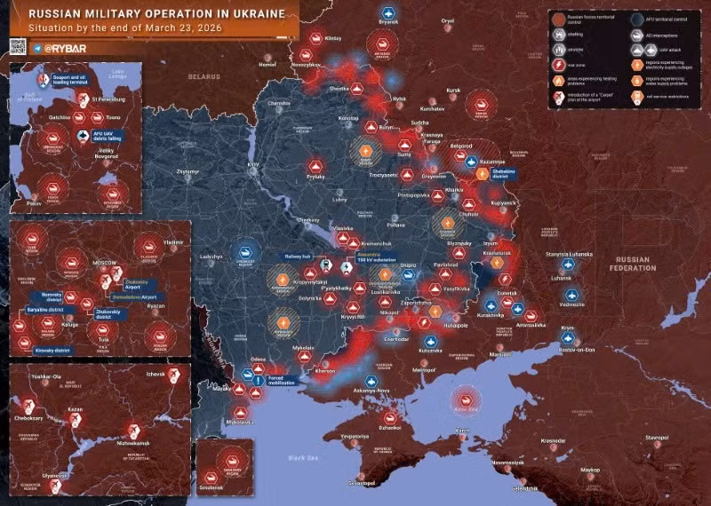 Bản đồ chiến sự Ukraine ngày 23/3. (Ảnh: Rybar) ban-do-chien-su-1.jpg