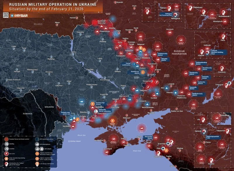 Bản đồ chiến sự Ukraine ngày 21/2. (Ảnh: Rybar) ban-do-chien-su.jpg