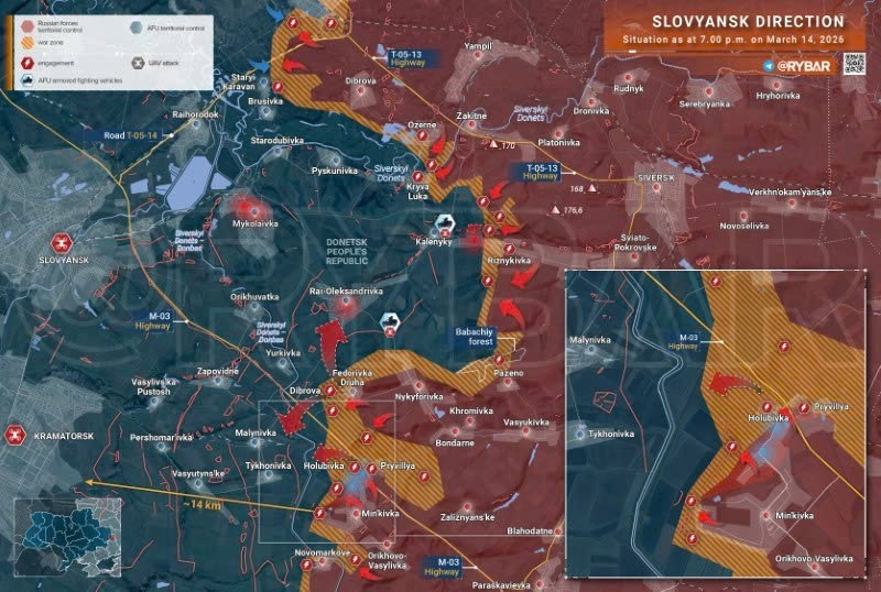 Bản đồ chiến sự Ukraine ngày 14/3, hướng Slovyansk. (Ảnh: Rybar) ban-do-chien-su-2.jpg