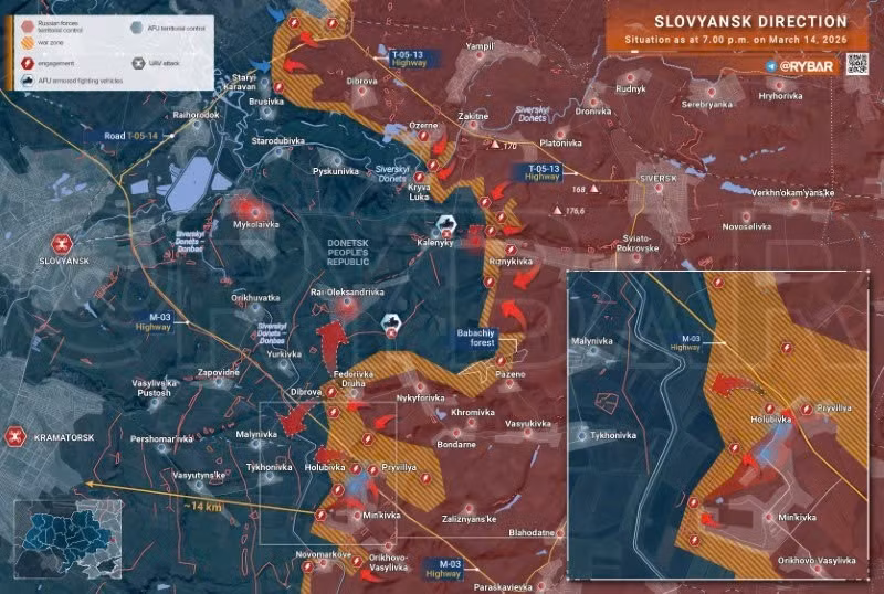 Bản đồ chiến sự Ukraine ngày 14/3, hướng Slovyansk. (Ảnh: Rybar) ban-do-chien-su-2.jpg