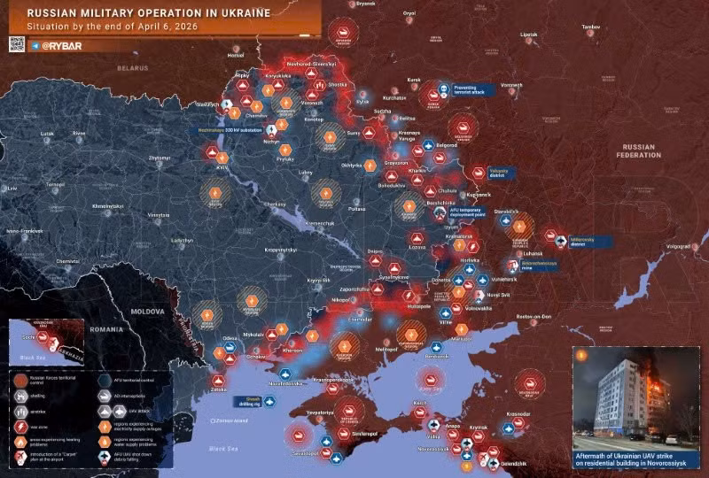 Bản đồ chiến sự Ukraine ngày 6/4. (Ảnh: Rybar) ban-do-chien-su-1.jpg