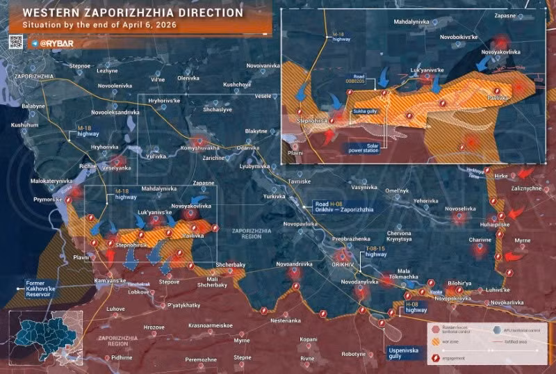 Bản đồ chiến sự Ukraine ngày 6/4, hướng Đông Zaporozhye. (Ảnh: Rybar) ban-do-chien-su-2.jpg