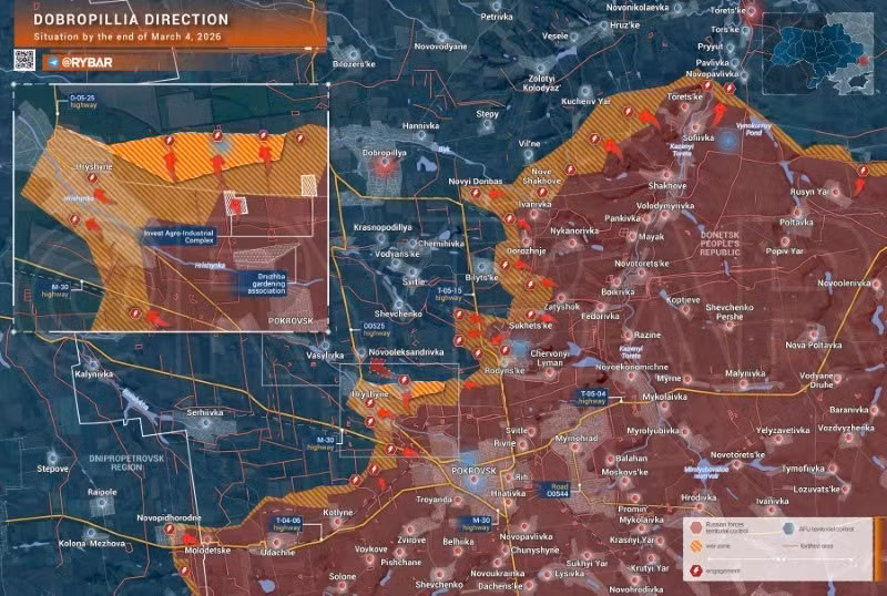 Bản đồ chiến sự Ukraine ngày 4/3, hướng Dobropillia. (Ảnh: Rybar) ban-do-chien-su-2.jpg