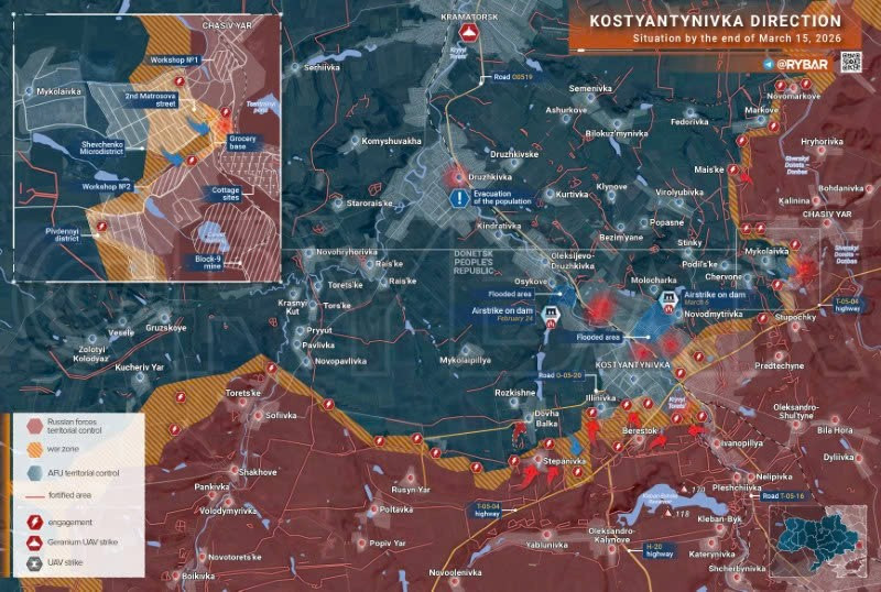 Bản đồ chiến sự Ukraine ngày 15/3, hướng Kostyantynivka. (Ảnh: Rybar) ban-do-chien-su-2.jpg