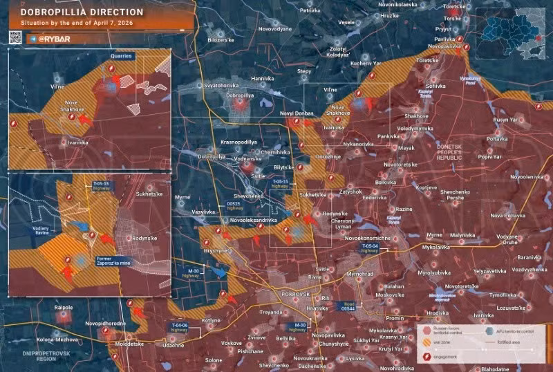 Bản đồ chiến sự Ukraine ngày 7/4, hướng Dobropillia. (Ảnh: Rybar) ban-do-chien-su-2.jpg