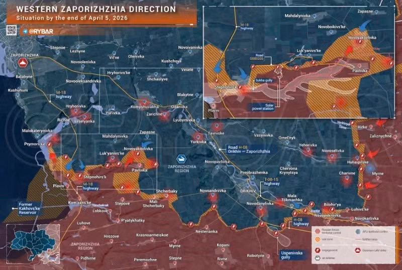 Bản đồ chiến sự Ukraine ngày 4/4, hướng Đông Zaporozhye. (Ảnh: Rybar) ban-do-chien-su-2.jpg