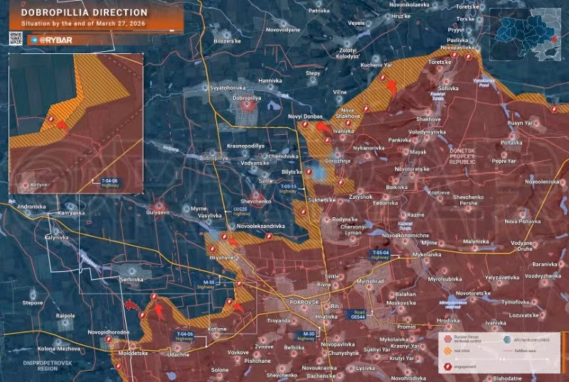 Bản đồ chiến sự Ukraine ngày 27/3, hướng Dobropillia. (Ảnh: Rybar) ban-do-chien-su-2.jpg