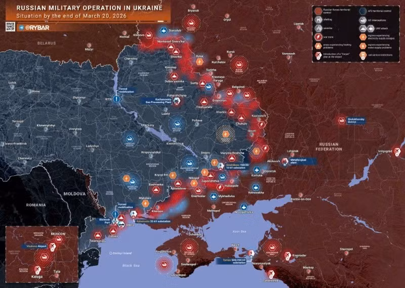 Bản đồ chiến sự Ukraine ngày 20/3. (Ảnh: Rybar) ban-do-chien-su-1.jpg