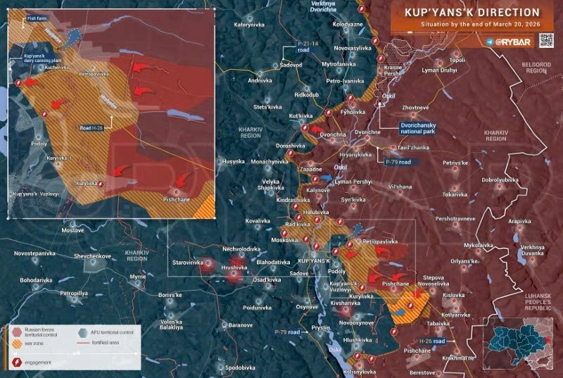 Bản đồ chiến sự Ukraine ngày 20/3, hướng Kupyansk. (Ảnh: Rybar) ban-do-chien-su-2.jpg