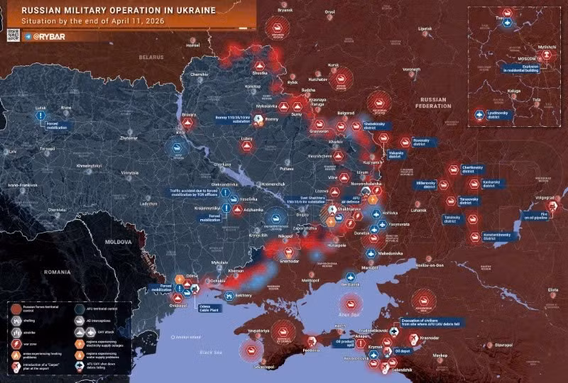 Bản đồ chiến sự Ukraine ngày 11/4. (Ảnh: Rybar) ban-do-chien-su-1.jpg