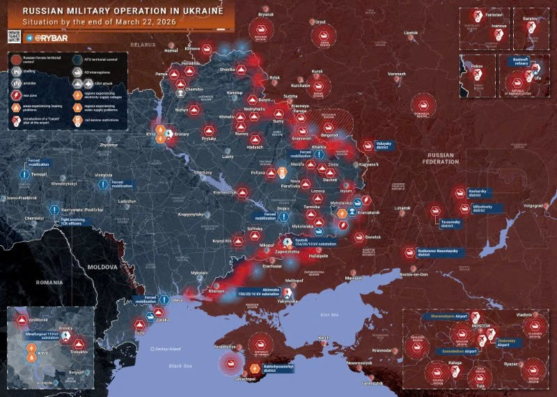 Bản đồ chiến sự Ukraine ngày 22/3. (Ảnh: Rybar) ban-do-chien-su-1.jpg