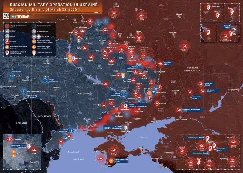 Bản đồ chiến sự Ukraine ngày 22/3. (Ảnh: Rybar) ban-do-chien-su-1.jpg