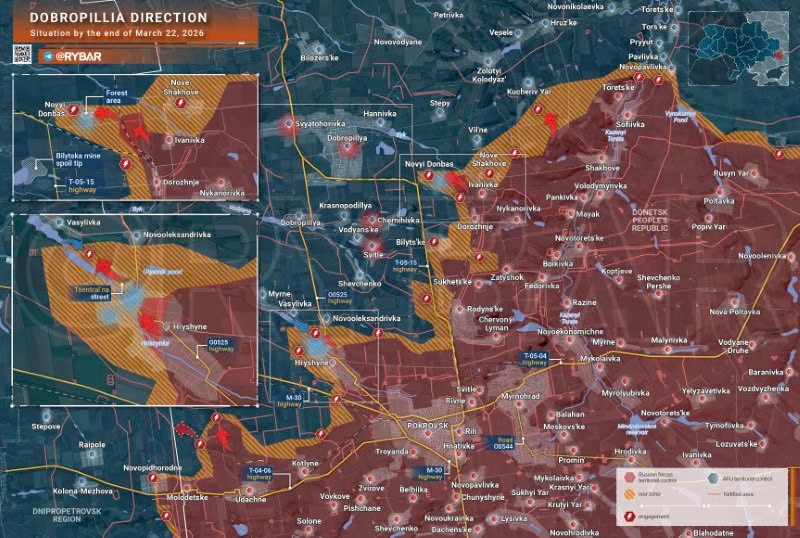 Bản đồ chiến sự Ukraine ngày 22/3, hướng Dobropillia. (Ảnh: Rybar) ban-do-chien-su-2.jpg