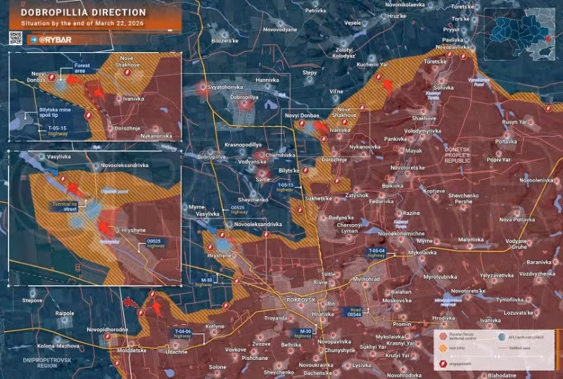 Bản đồ chiến sự Ukraine ngày 22/3, hướng Dobropillia. (Ảnh: Rybar) ban-do-chien-su-2.jpg
