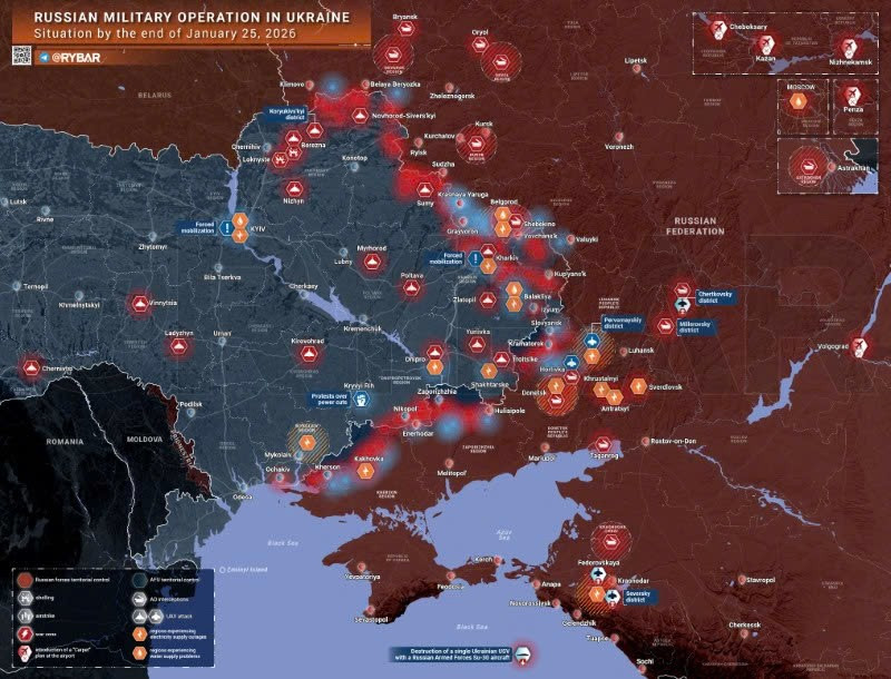 Bản đồ chiến sự Ukraine ngày 25/01/2026. (Ảnh: Rybar) ban-do-chien-su-1.jpg