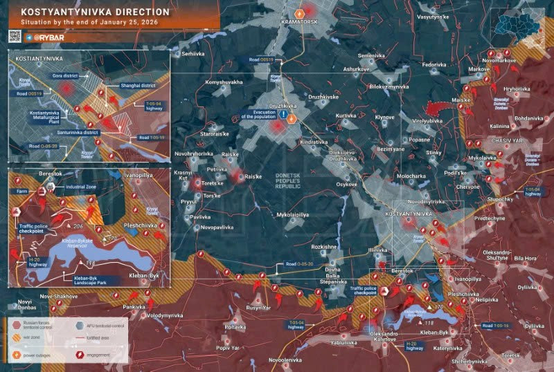 Bản đồ chiến sự Ukraine ngày 25/01/2026, hướng Kostyantynivka. (Ảnh: Rybar) ban-do-chien-su-2.jpg