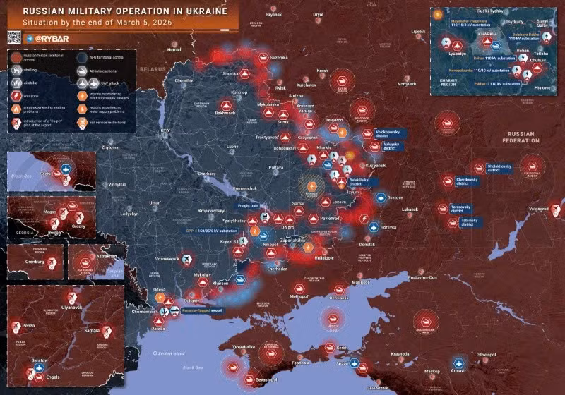 Bản đồ chiến sự Ukraine ngày 5/3. (Ảnh: Rybar) ban-do-chien-su-1.jpg