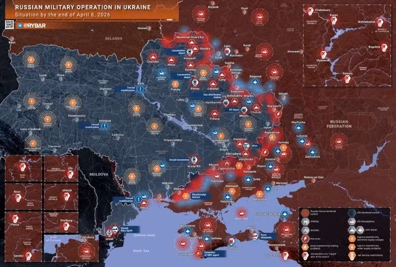 Bản đồ chiến sự Ukraine ngày 8/4. (Ảnh: Rybar) ban-do-chien-su-1.jpg