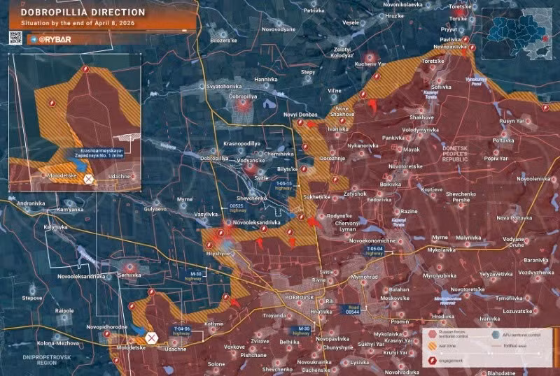 Bản đồ chiến sự Ukraine ngày 8/4, hướng Dobropillia. (Ảnh: Rybar) ban-do-chien-su-2.jpg