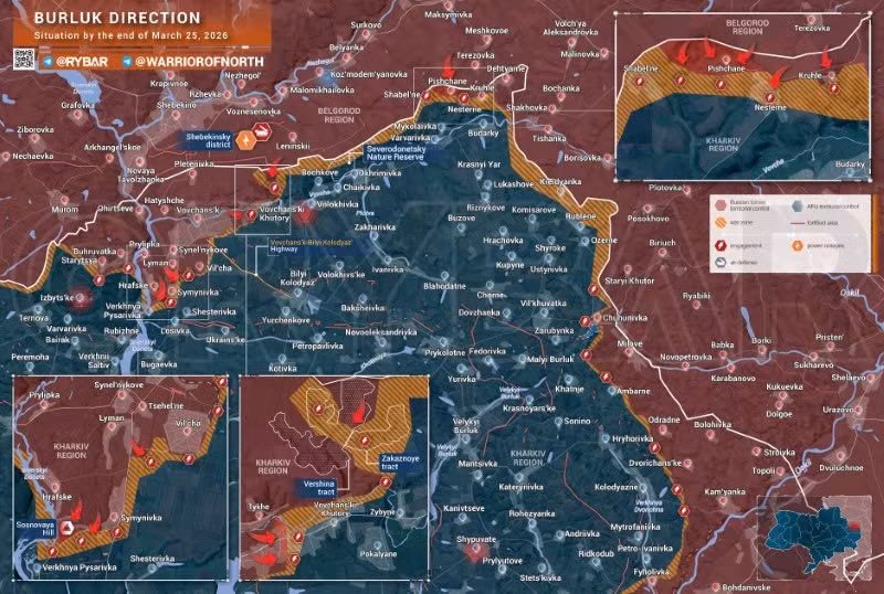 Bản đồ chiến sự Ukraine ngày 25/3, hướng Burluk. (Ảnh: Rybar) ban-do-chien-su-2.jpg