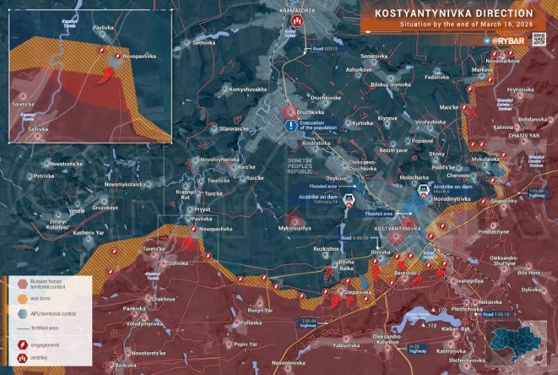 Bản đồ chiến sự Ukraine ngày 16/3, hướng Kostyantynivka. (Ảnh: Rybar) ban-do-chien-su-2.jpg